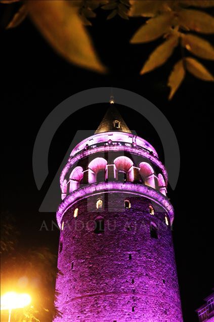 Galata Tower illuminated in pink