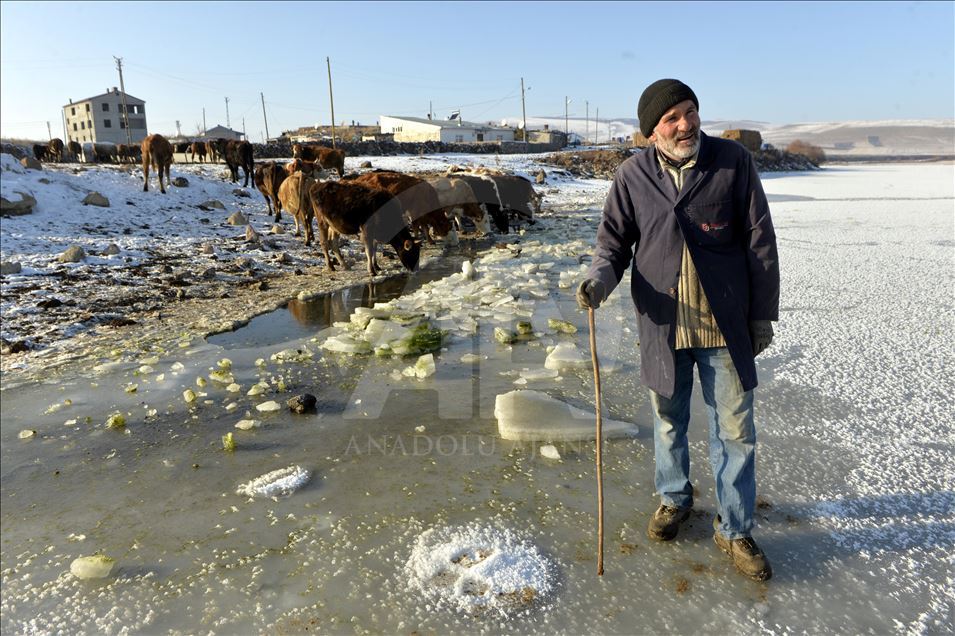 Ardahan'da Aktaş Gölü'nün yüzeyi buz tuttu