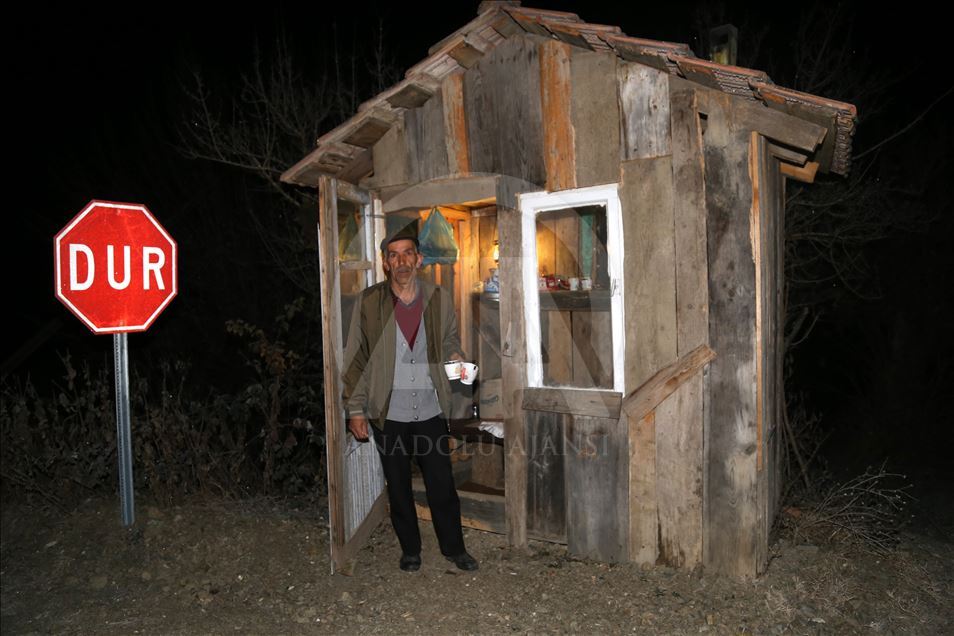A local man heats the shack for students every morning in Turkey