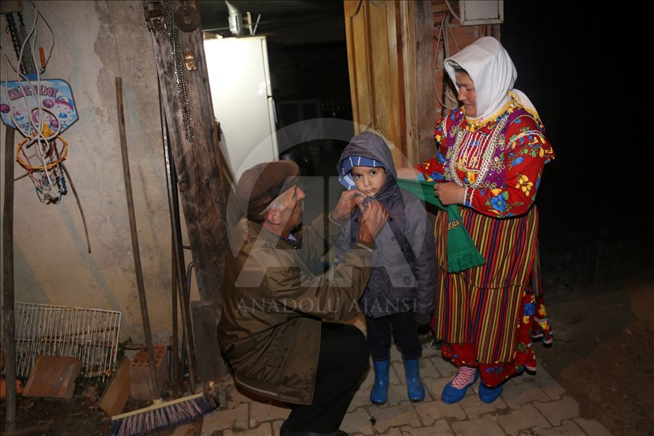 A local man heats the shack for students every morning in Turkey