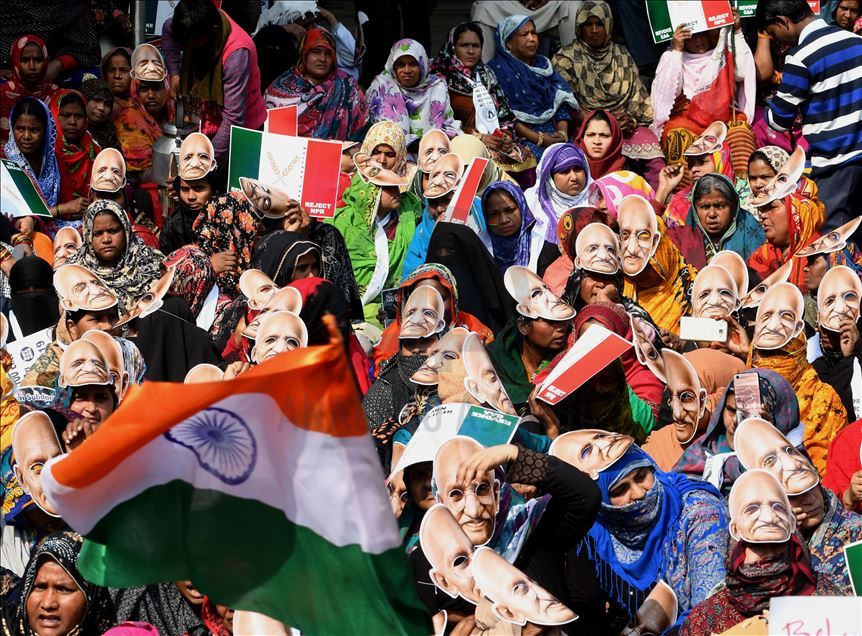 NEW DELHI, INDIA - FEBRUARY 10 :Protesters with cut outs of Indian independence leader Mahatma Gandhis face listen to a speaker during a protest against the Indian governments new citizenship law, in New Delhi , India, 10 February 2020. : Imtiyaz khan