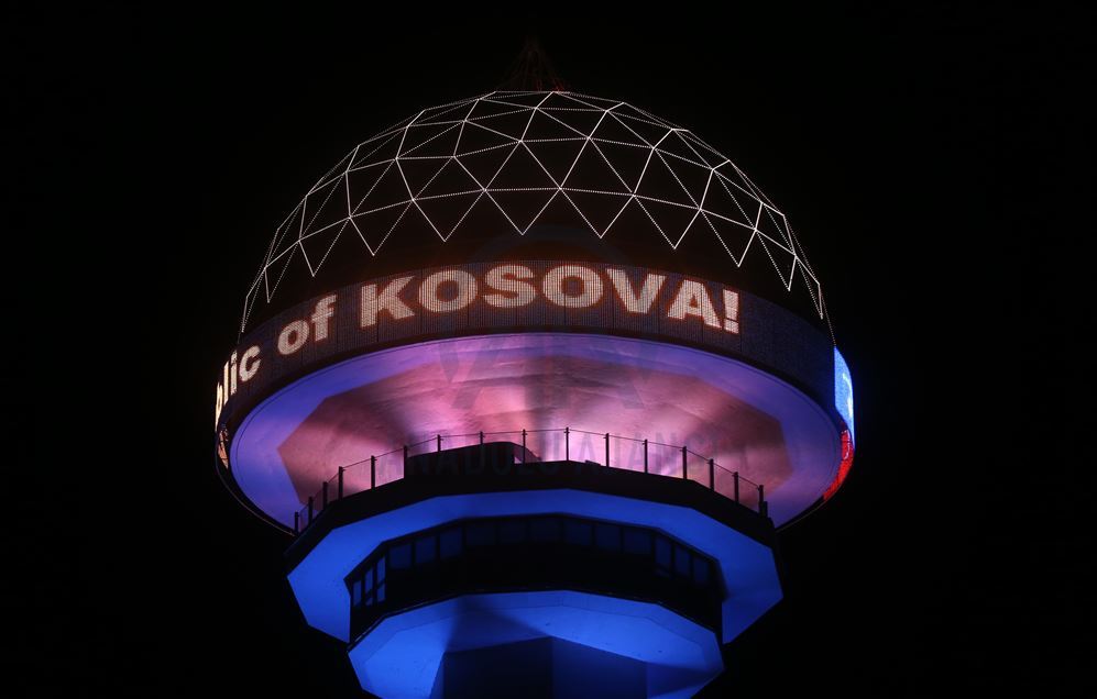 Atakule is illuminated with colors of Kosovo's flag