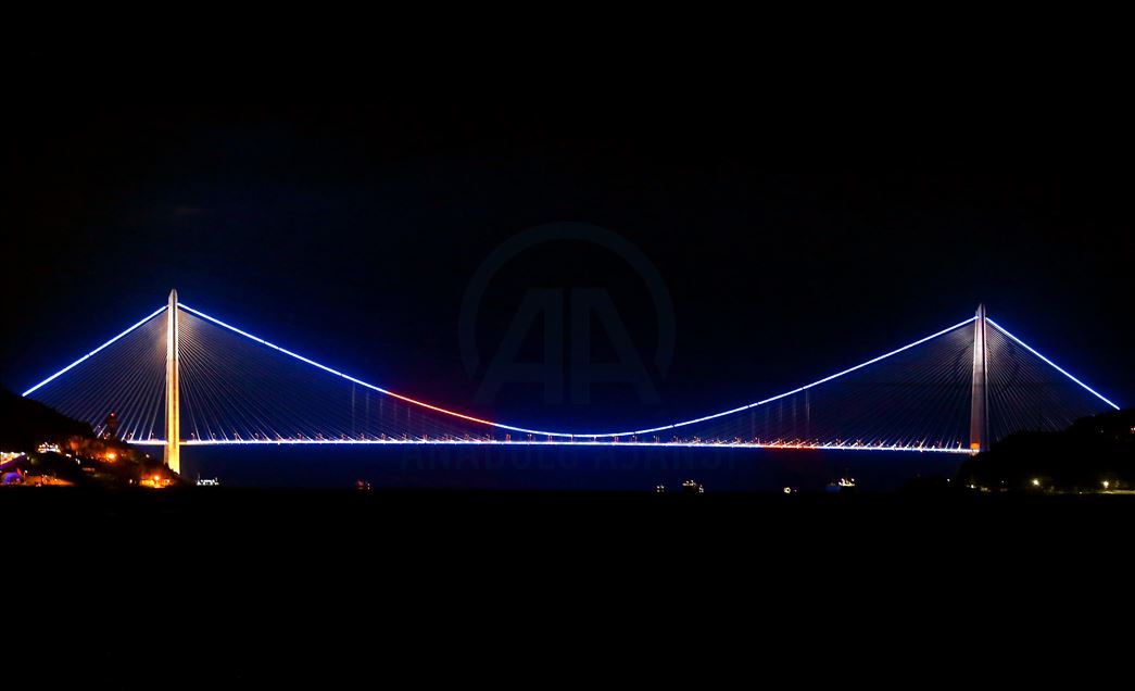 Fatih Sultan Mehmet Bridge is illuminated with colors of Kosovo's flag