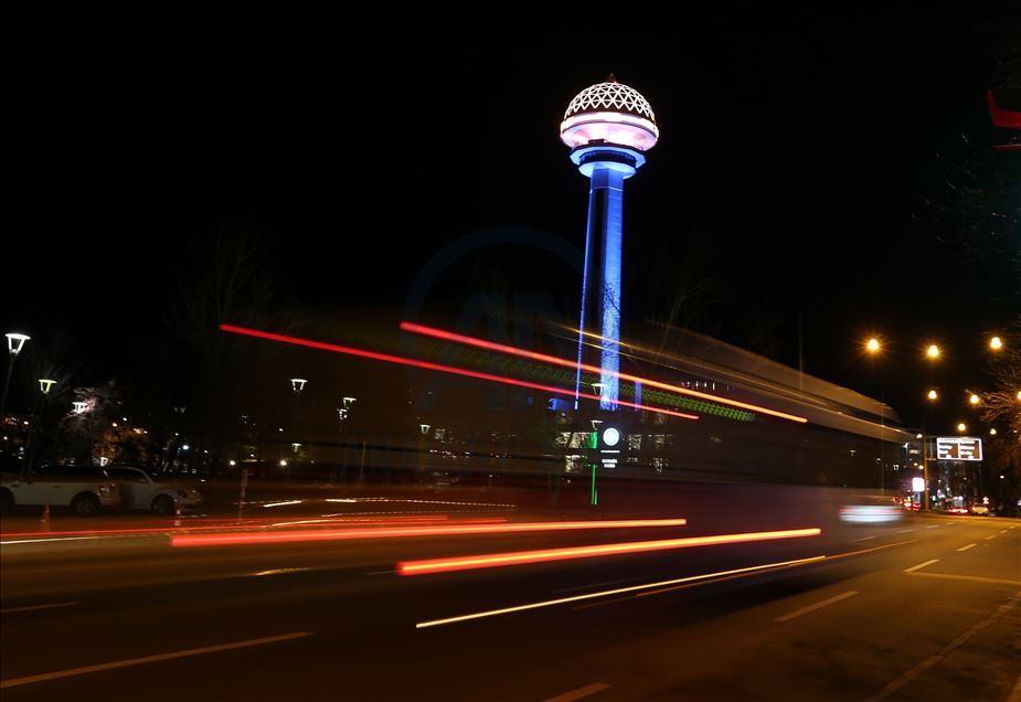 Atakule is illuminated with colors of Kosovo's flag