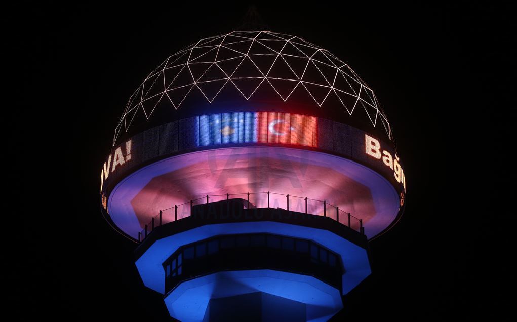 Atakule is illuminated with colors of Kosovo's flag