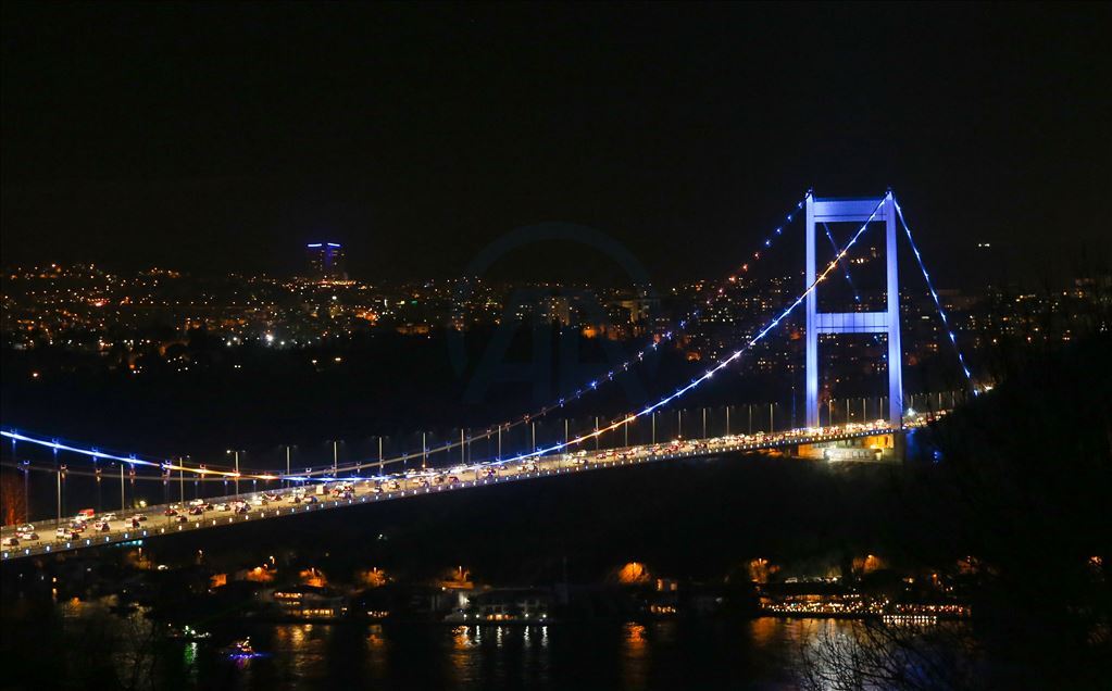 Fatih Sultan Mehmet Bridge is illuminated with colors of Kosovo's flag