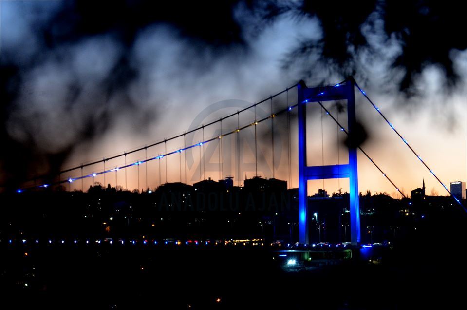 Fatih Sultan Mehmet Bridge is illuminated with colors of Kosovo's flag