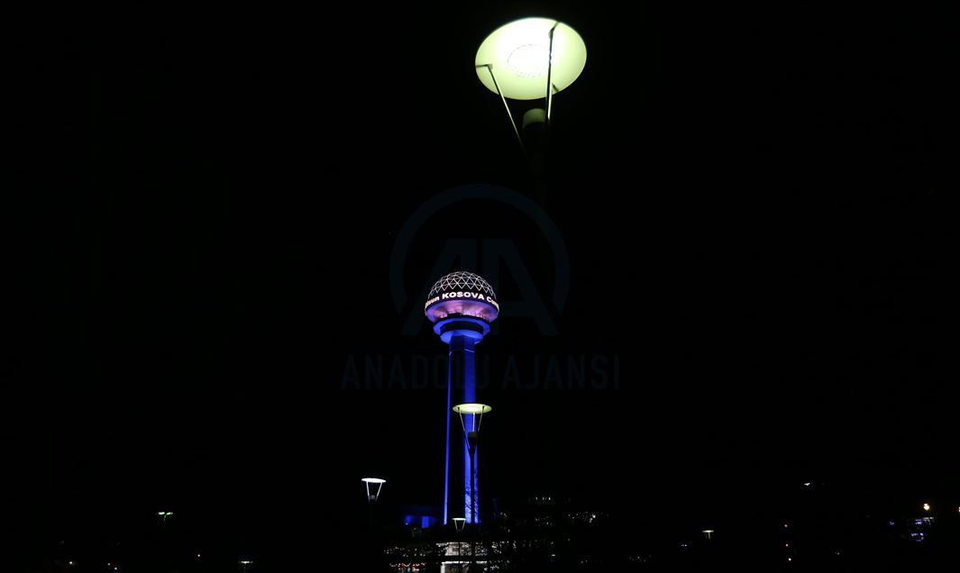 Atakule is illuminated with colors of Kosovo's flag