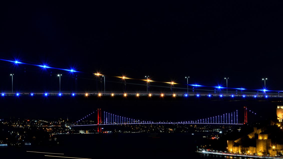 Fatih Sultan Mehmet Bridge is illuminated with colors of Kosovo's flag