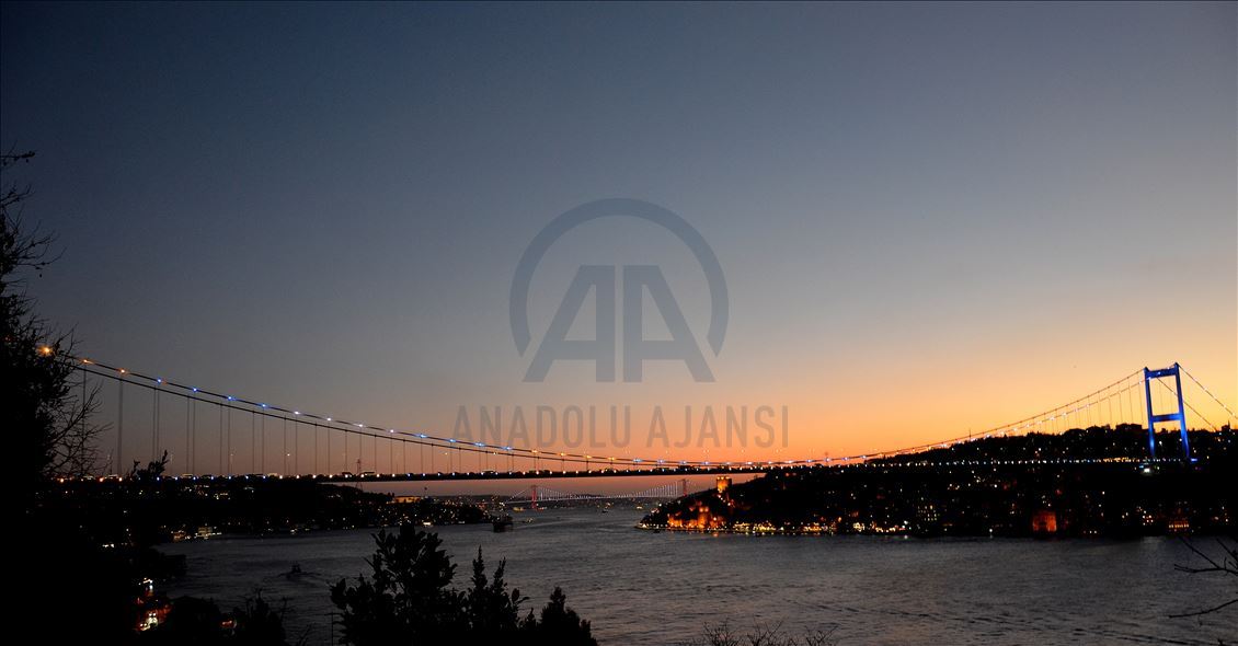 Fatih Sultan Mehmet Bridge is illuminated with colors of Kosovo's flag