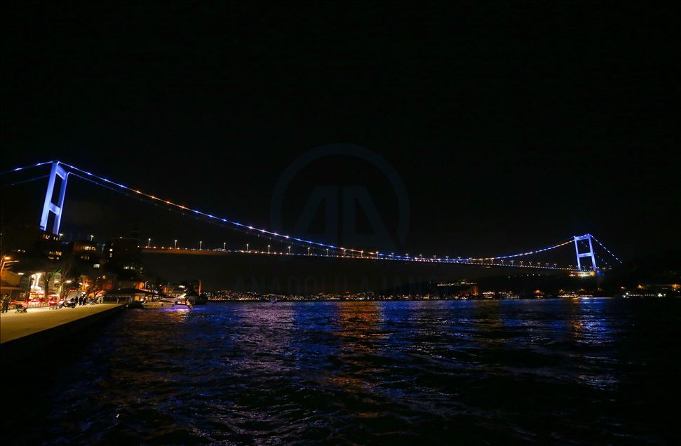 Fatih Sultan Mehmet Bridge is illuminated with colors of Kosovo's flag