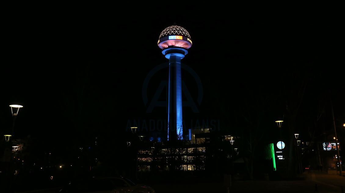 Atakule is illuminated with colors of Kosovo's flag