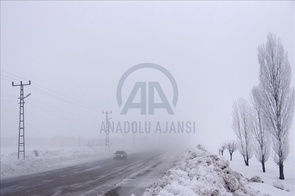 Hoarfrost and fog in Tunceli in a winter day