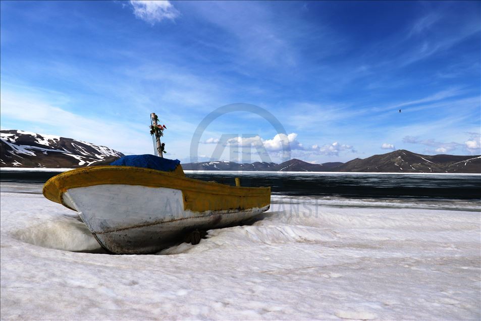 Ice covered surface of Lake Balik started to melt