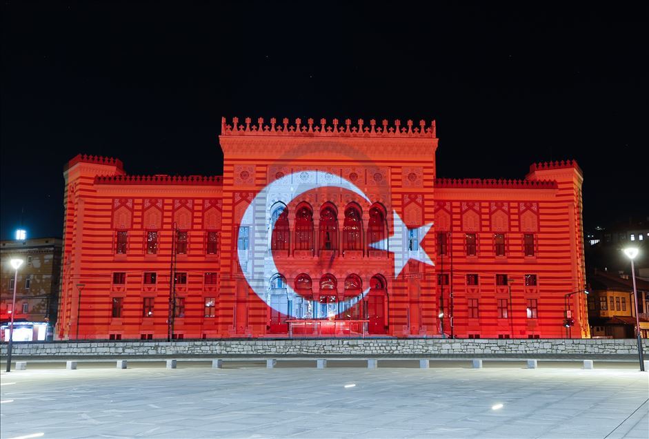 Vijecnica Library illuminated with Turkish flag colors
