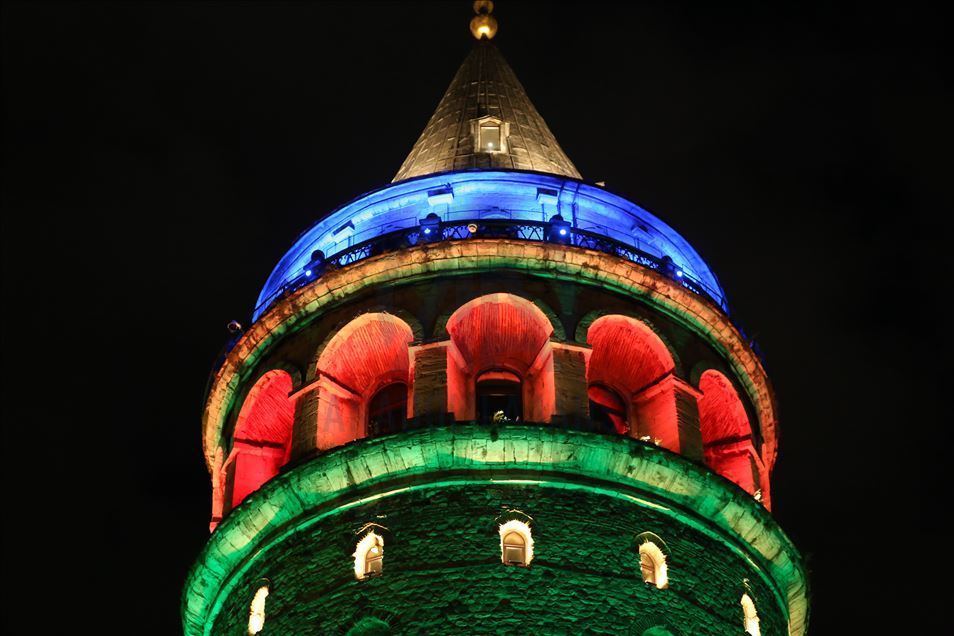 Istanbul's landmarks are illuminated with colors of Azerbaijan's flag