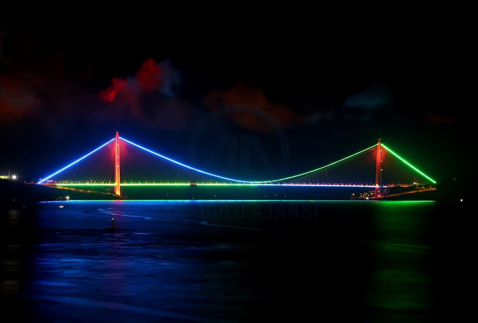 Istanbul's landmarks are illuminated with colors of Azerbaijan's flag