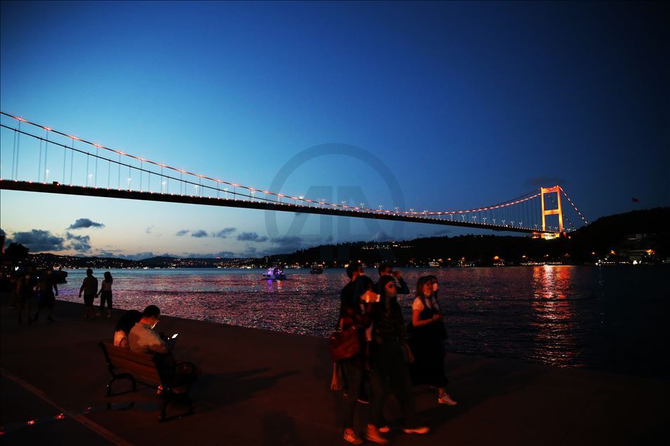 Landmarks in Istanbul illuminated in orange