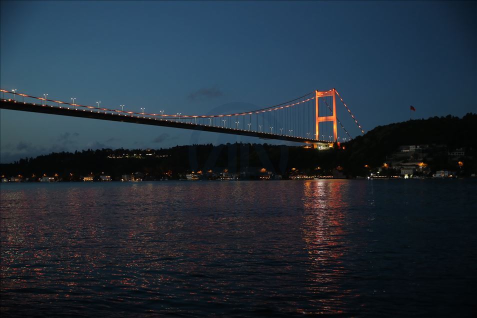 Landmarks in Istanbul illuminated in orange