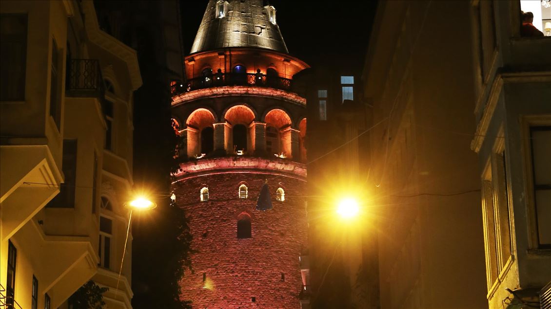 Landmarks in Istanbul illuminated in orange