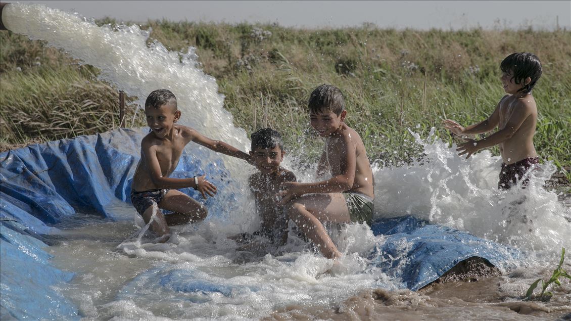 Hatay'da çocuklar, sulama suyunun aktığı yerlerde yaptıkları havuzlarda yüzerek serinlemeye çalışıyor
