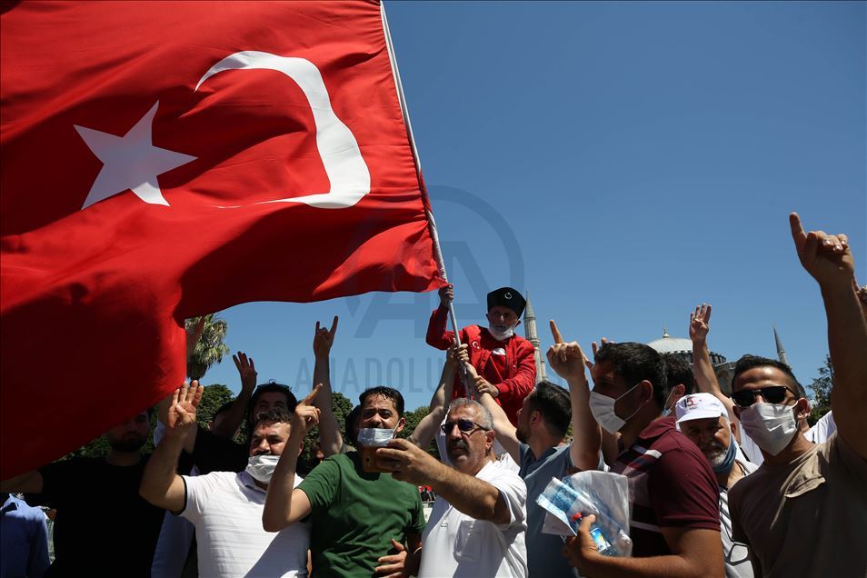 People flock the Hagia Sophia Mosque for the Friday Prayer