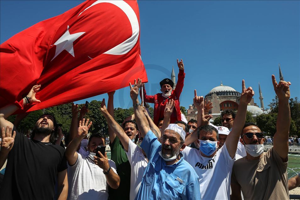 People flock the Hagia Sophia Mosque for the Friday Prayer