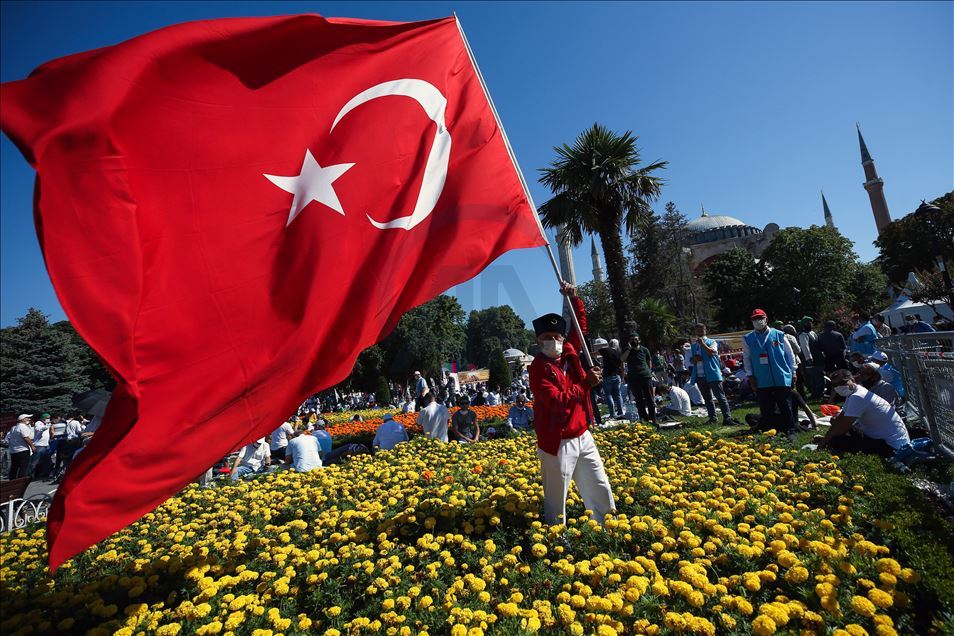 People flock the Hagia Sophia Mosque for the Friday Prayer