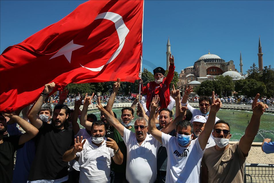 People flock the Hagia Sophia Mosque for the Friday Prayer