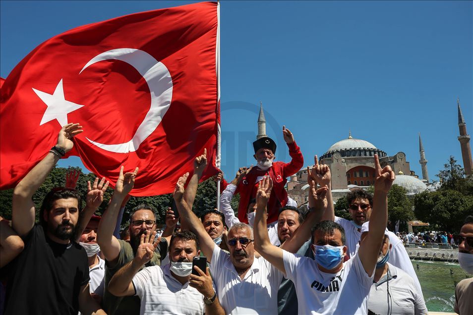 People flock the Hagia Sophia Mosque for the Friday Prayer