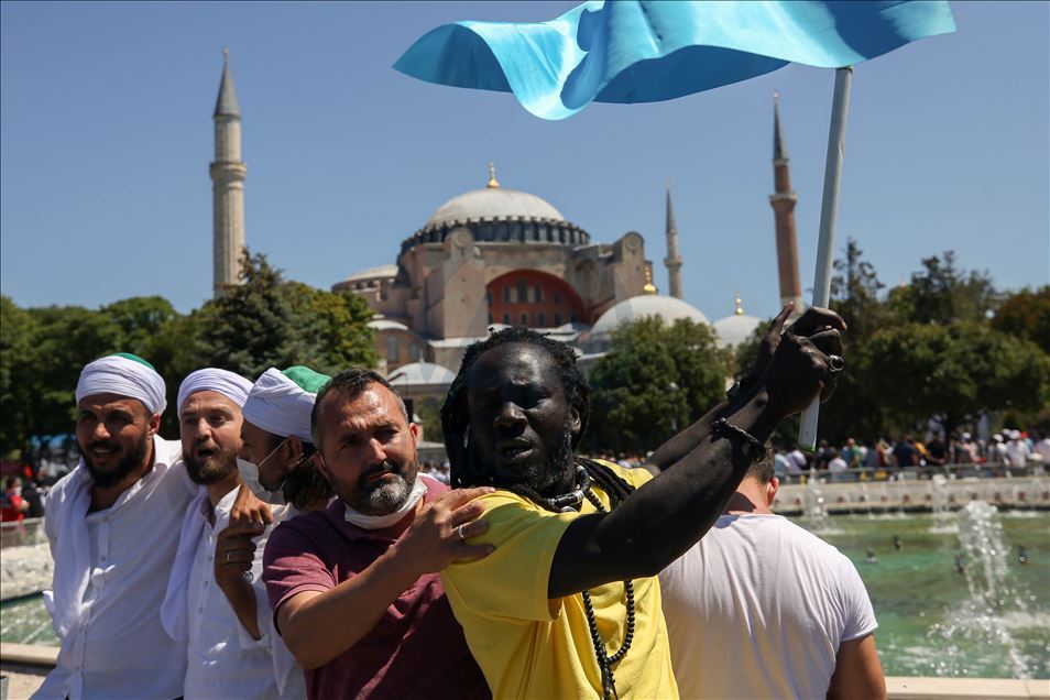 People flock the Hagia Sophia Mosque for the Friday Prayer