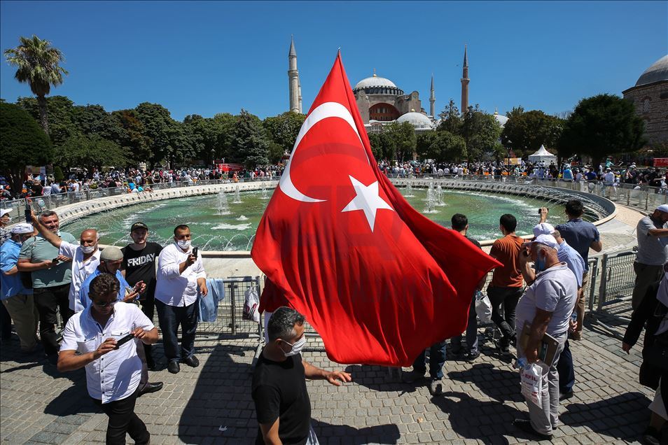 People flock the Hagia Sophia Mosque for the Friday Prayer