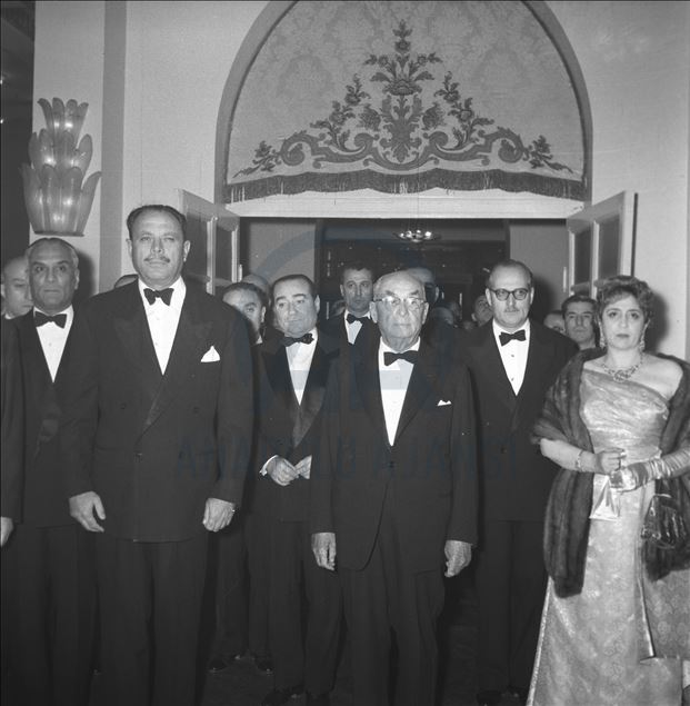 Turkish President Celal Bayar (center) hosted a reception in honor of visiting Pakistani President Field Marshal Ayub Khan (left) in 1959. Turkish Prime Minister Adnan Menderes (center, back), Foreign Minister Fatin Rustu.