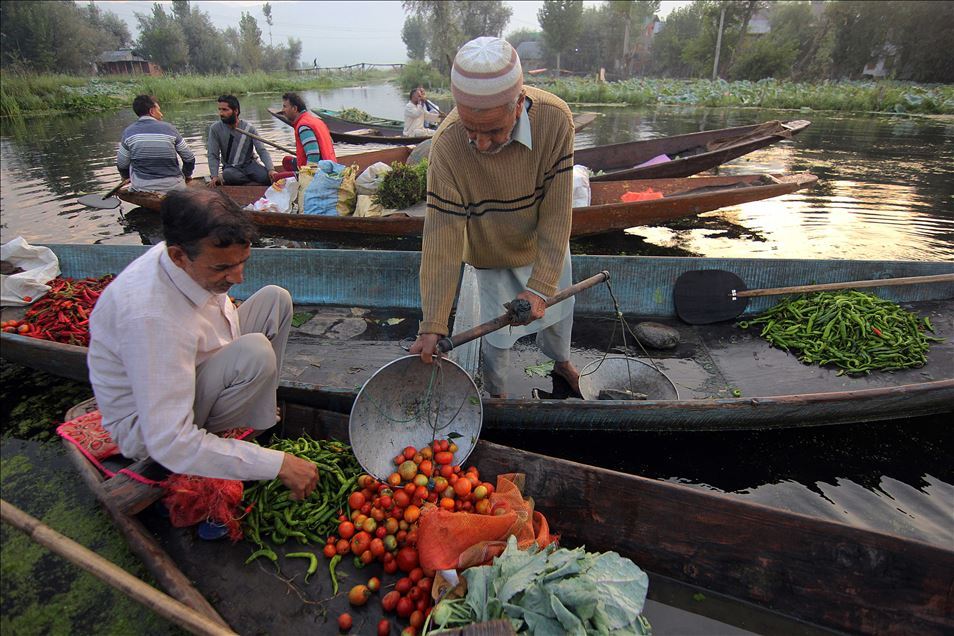 Keşmir'deki Dal Gölü'nde teknelerle sebze satışı