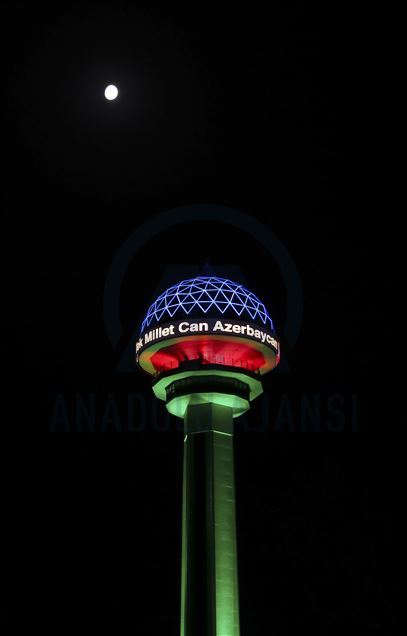 Atakule illuminated with the colors of the Azerbaijani flag