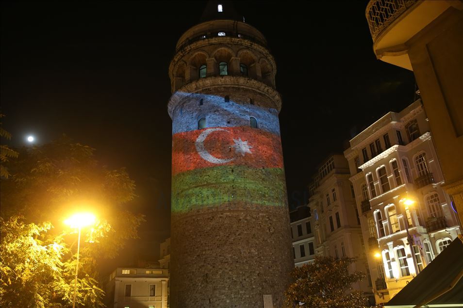 Galata Tower in Istanbul illuminated with flag of Azerbaijan