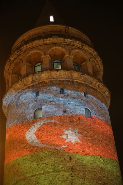 Galata Tower in Istanbul illuminated with flag of Azerbaijan