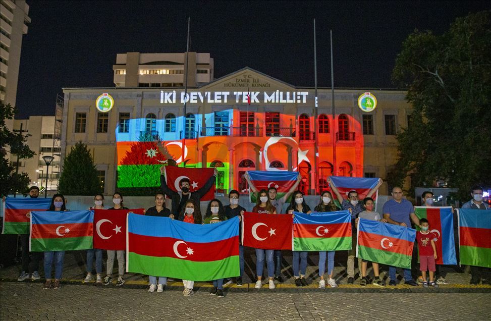 Azerbaijani flag projected on Izmir Clock Tower