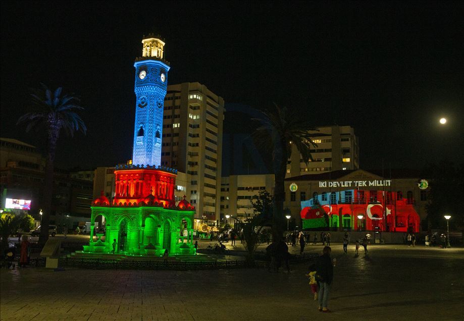 Azerbaijani flag projected on Izmir Clock Tower