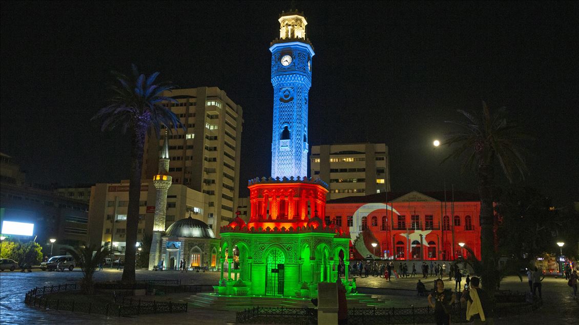 Azerbaijani flag projected on Izmir Clock Tower