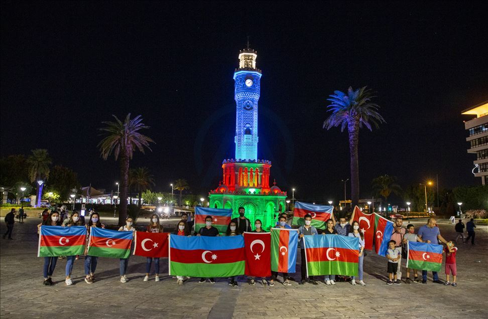 Azerbaijani flag projected on Izmir Clock Tower