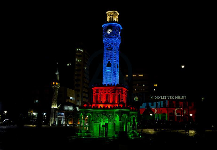 Azerbaijani flag projected on Izmir Clock Tower