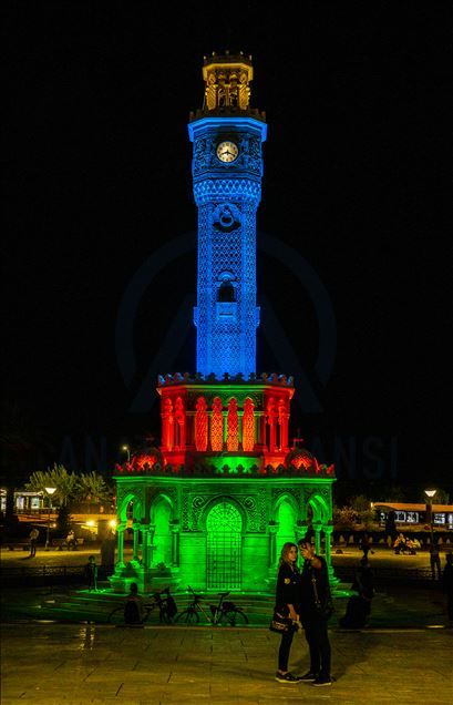 Azerbaijani flag projected on Izmir Clock Tower