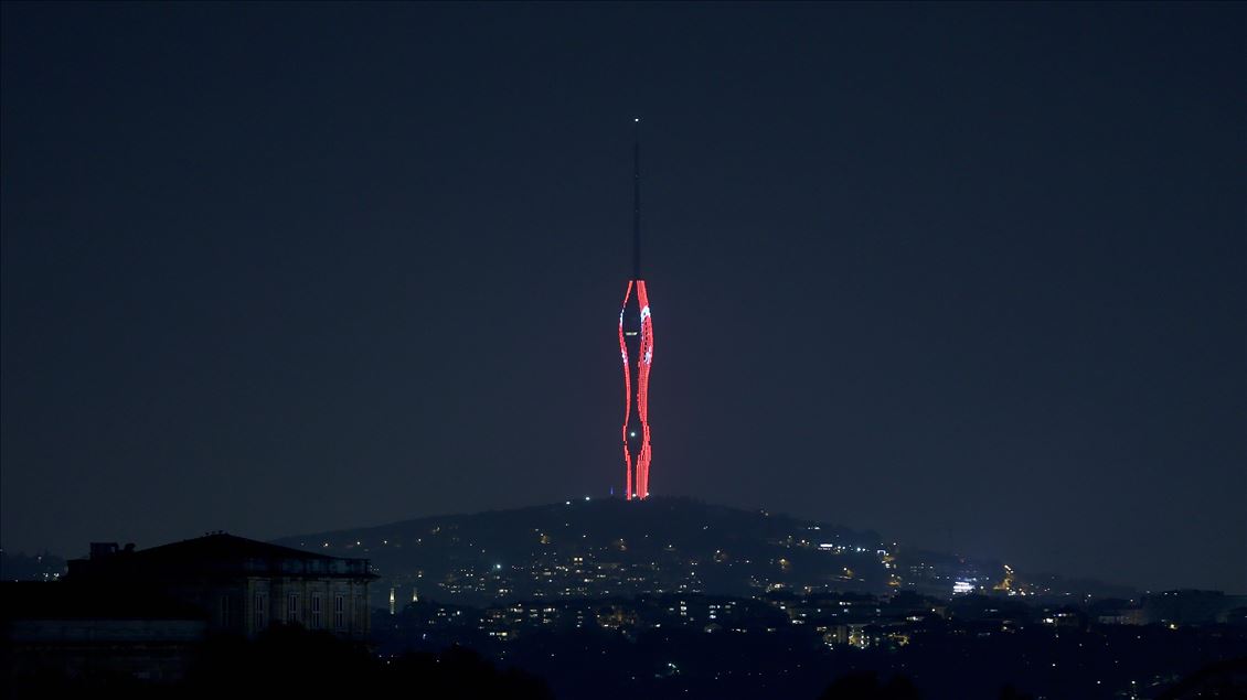 Camlica Tower lit up with Turkish flag