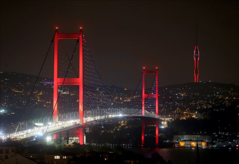 Camlica Tower lit up with Turkish flag