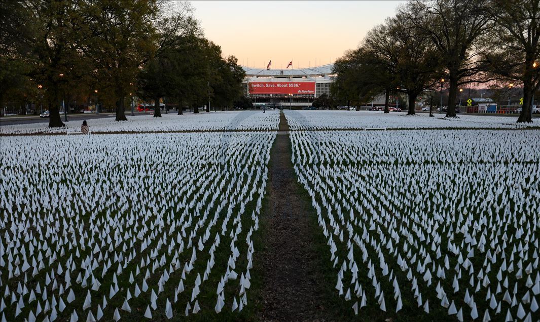 Art installation of white flags in Washington for the staggering loss of Covid-19
