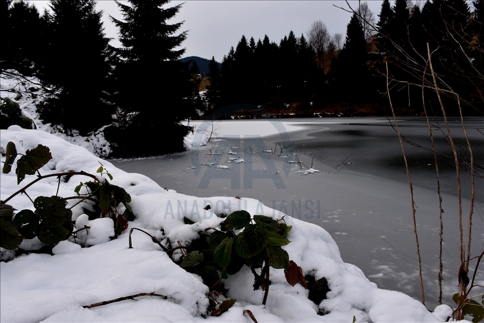 Trabzon'da, doğal güzellikleriyle dikkati çeken Balıklıgöl'ün yüzeyi buz tuttu