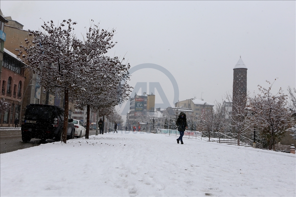 Erzurum kar yağışıyla beyaza büründü