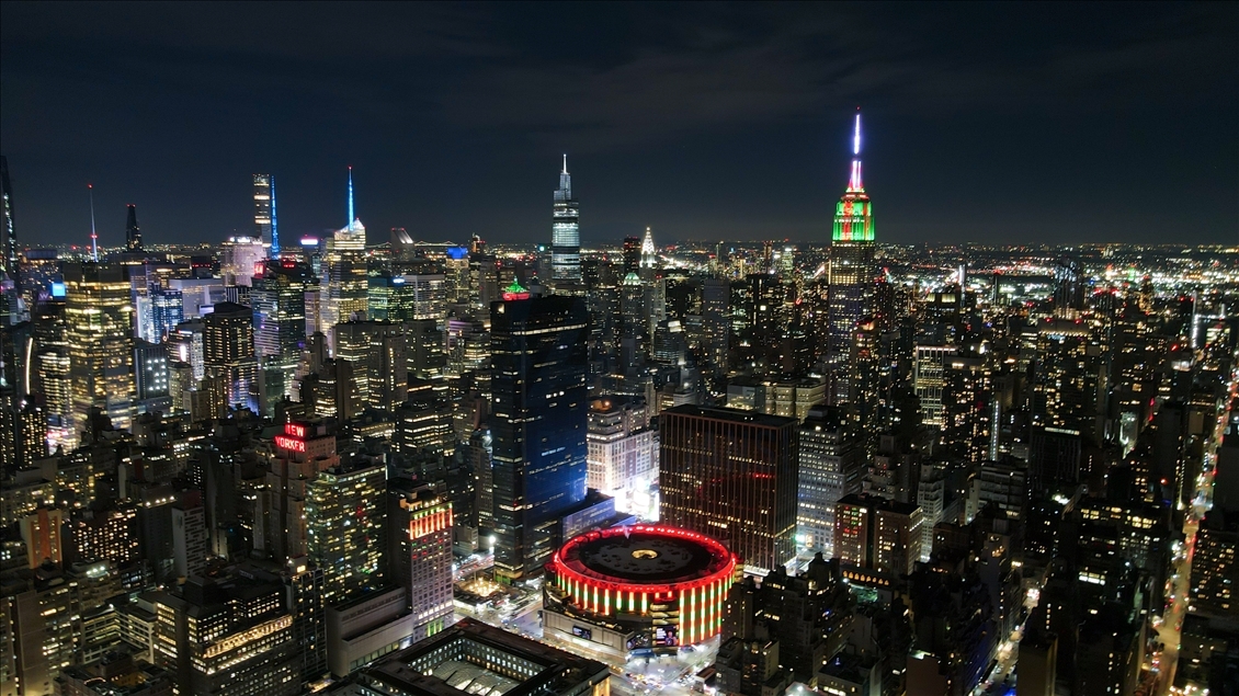 New York City with Christmas lights on 