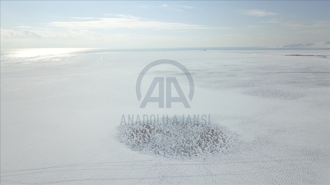 Van'da yüzeyi buz tutan göl, güzel görüntüler oluşturdu